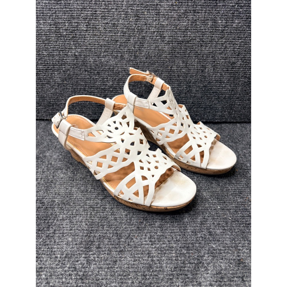 Cupcake Couture Womens White Laser Cut Cork Wedge Sandals Size 3 Buckle Strap